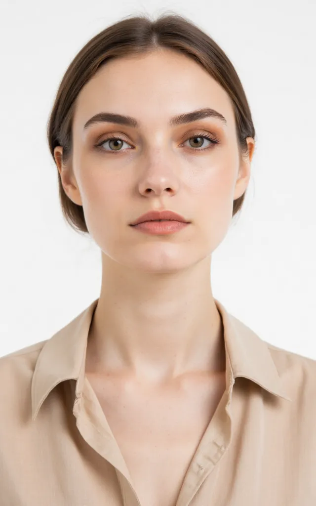 A French female model with an Autumn   inspired makeup style, wearing a shirt, against a white background, in a front   facing bust portrait